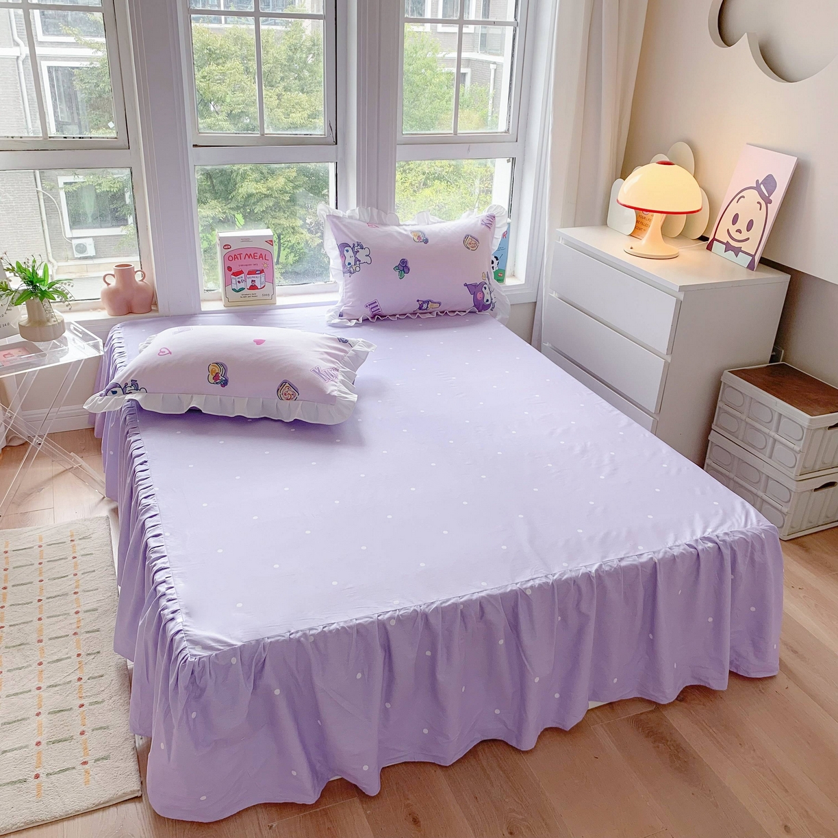 玉元坊 2025春夏新款单品纯色床裙单床裙床裙单件 紫色小点点