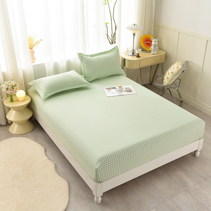 91家纺网 家纺一手货源 找家纺 圣楚家纺 2025新款清新水洗床笠 绿小格