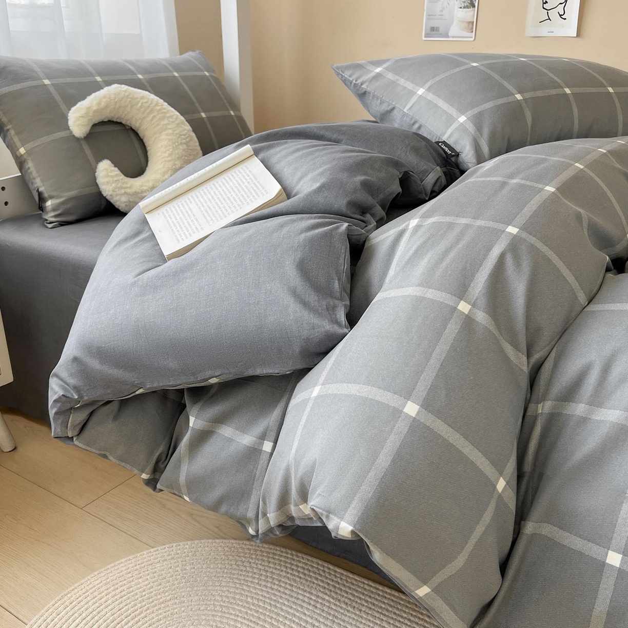 91家纺网 家纺一手货源 找家纺 涵宸2025新款全棉宿舍学生款三件套四件套 麦田-灰