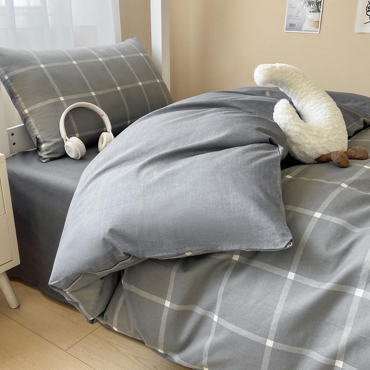 91家纺网 家纺一手货源 找家纺 涵宸2025新款全棉宿舍学生款三件套四件套 麦田-灰