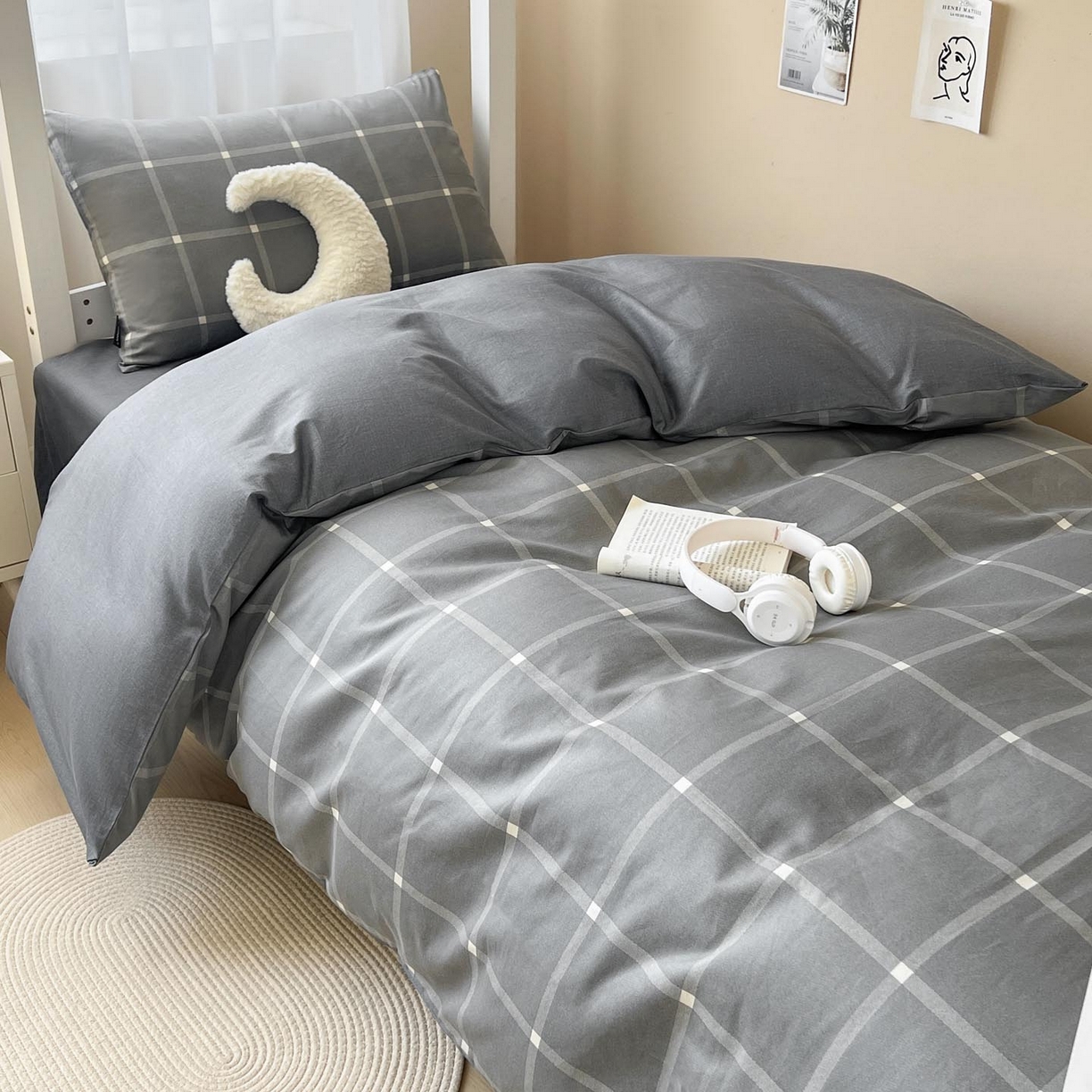 91家纺网 家纺一手货源 找家纺 涵宸2025新款全棉宿舍学生款三件套四件套 麦田-灰