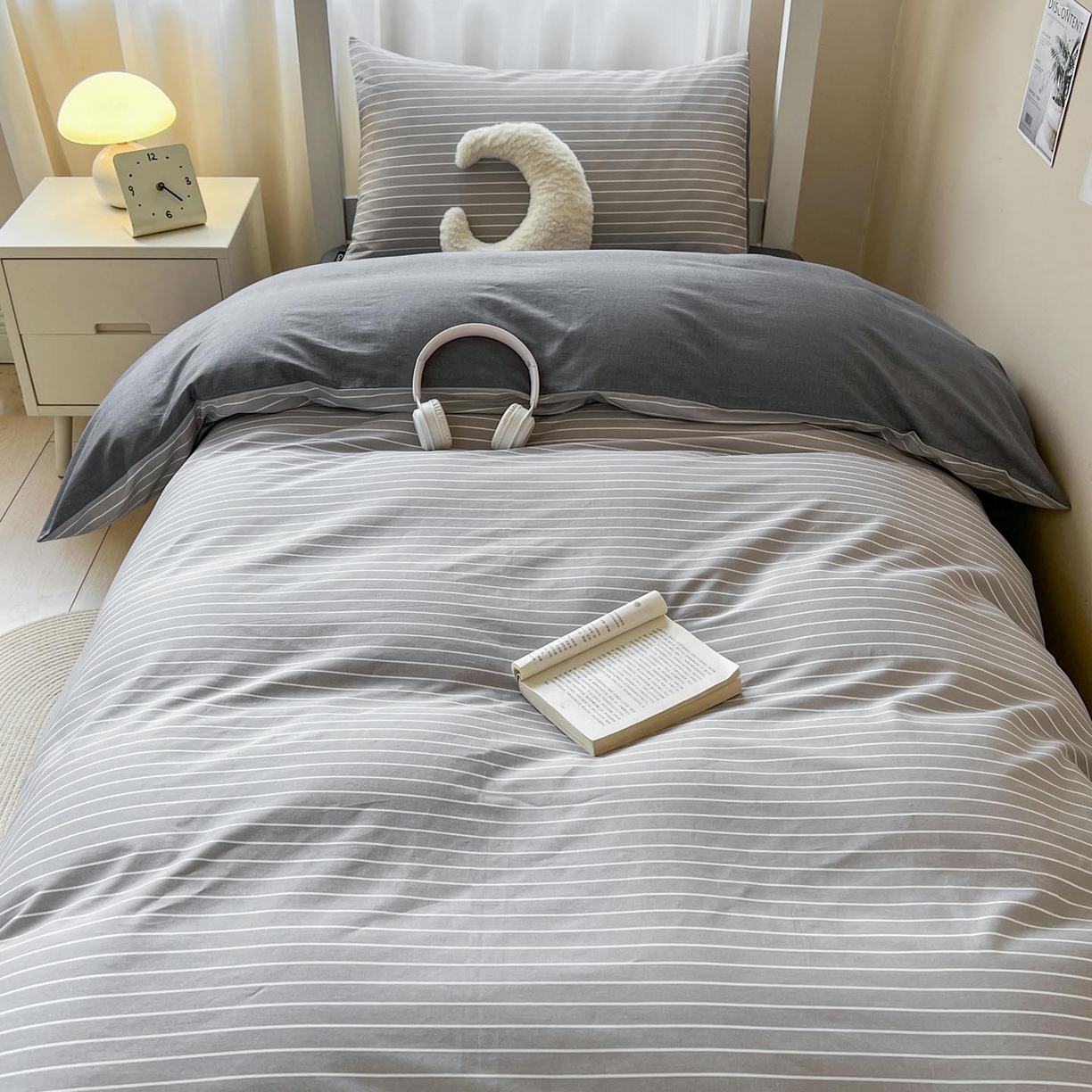 91家纺网 家纺一手货源 找家纺 涵宸2025新款全棉宿舍学生款三件套四件套 英伦-浅灰