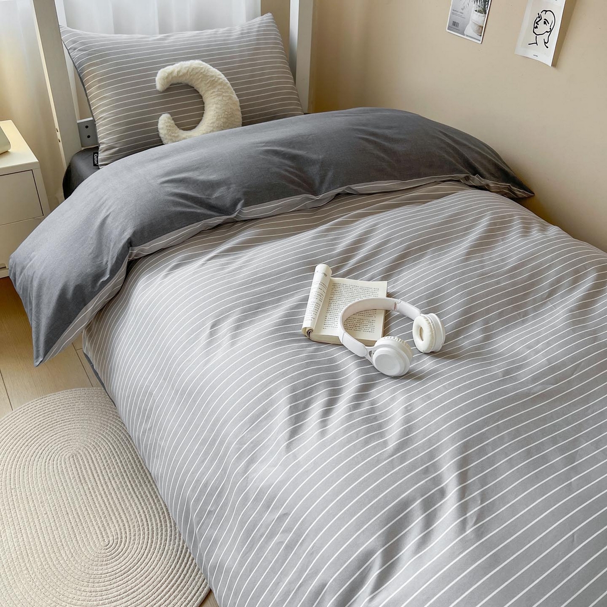 91家纺网 家纺一手货源 找家纺 涵宸2025新款全棉宿舍学生款三件套四件套 英伦-浅灰