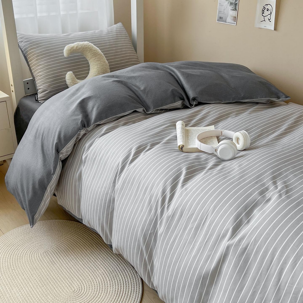 91家纺网 家纺一手货源 找家纺 涵宸2025新款全棉宿舍学生款三件套四件套 英伦-浅灰