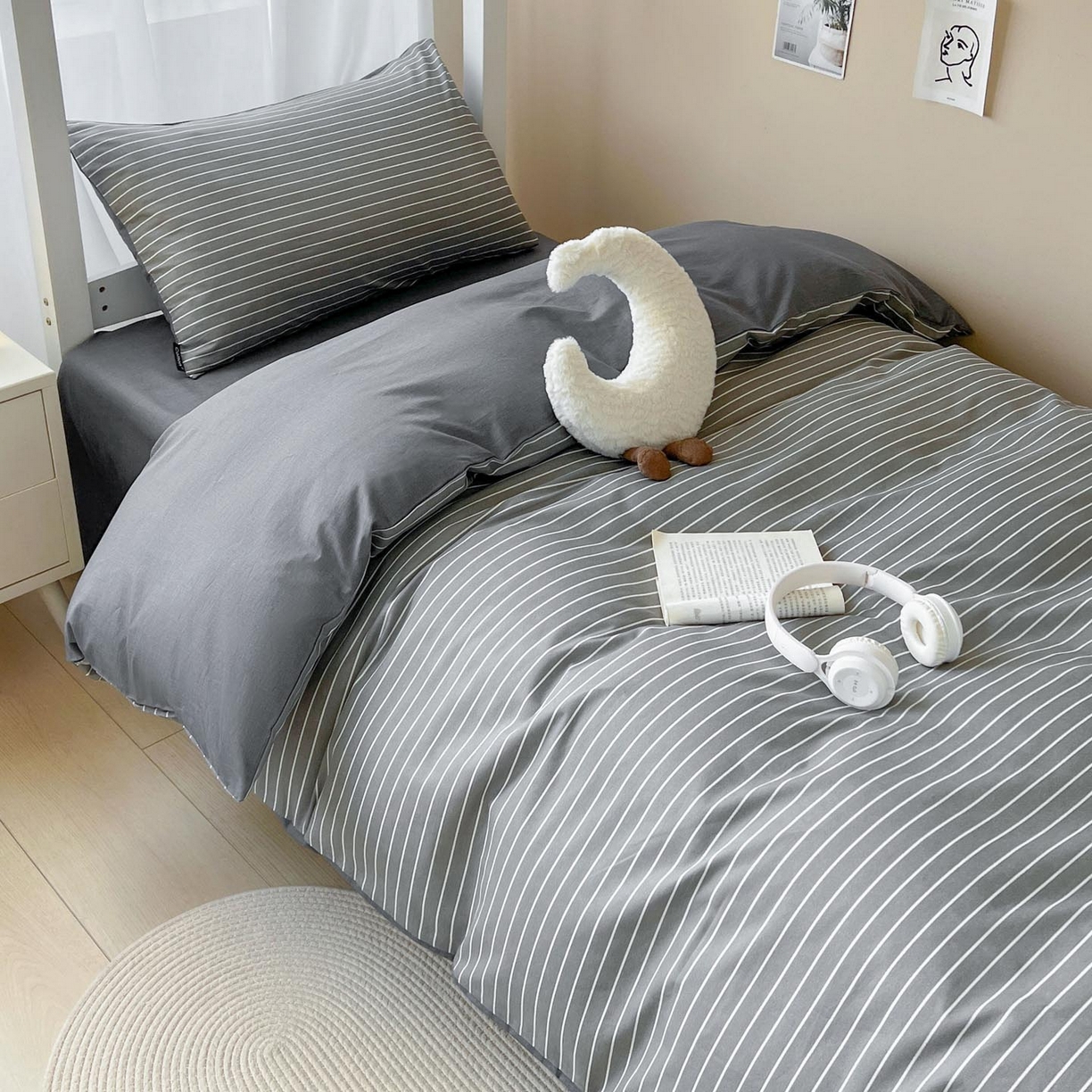 91家纺网 家纺一手货源 找家纺 涵宸2025新款全棉宿舍学生款三件套四件套 英伦-深灰