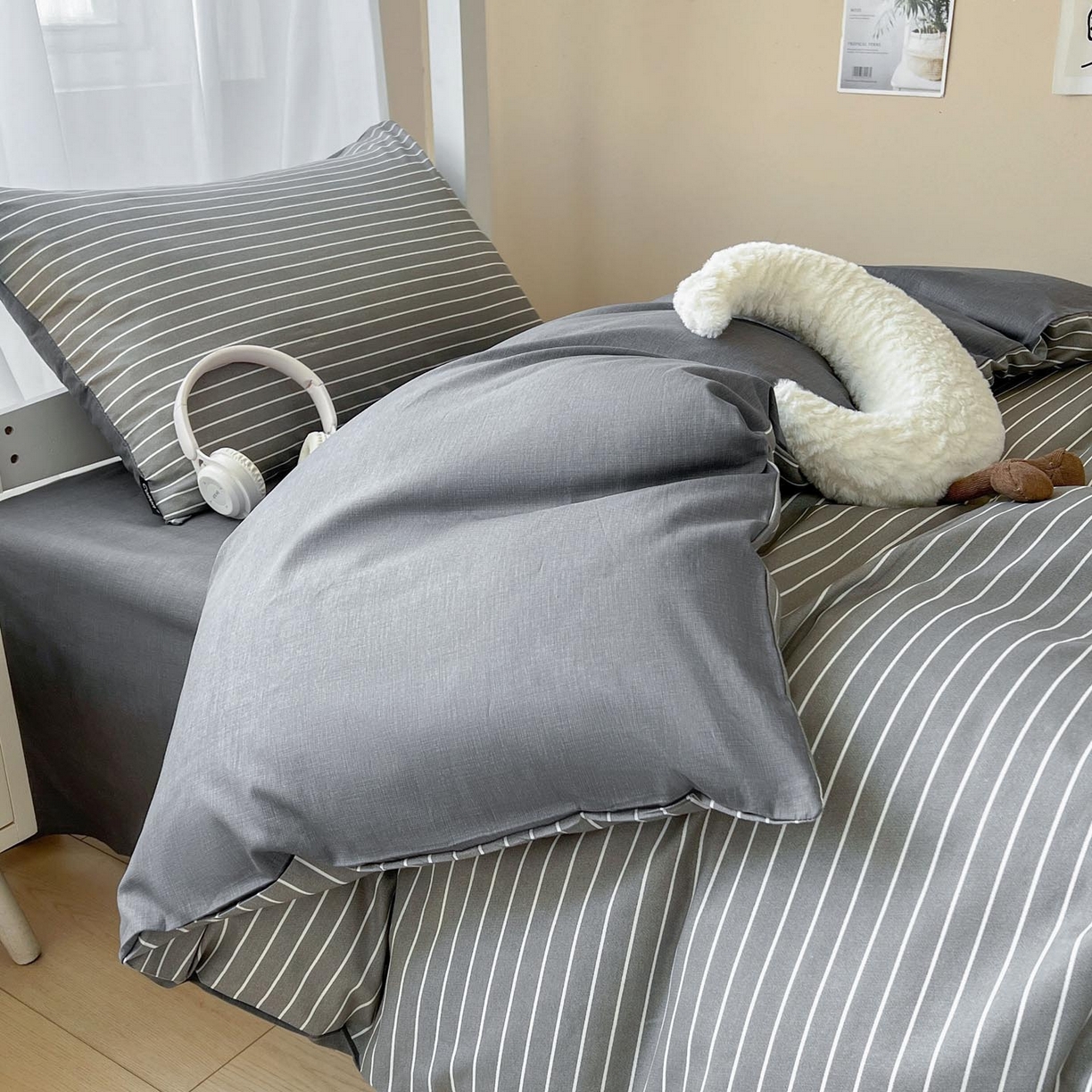 91家纺网 家纺一手货源 找家纺 涵宸2025新款全棉宿舍学生款三件套四件套 英伦-深灰