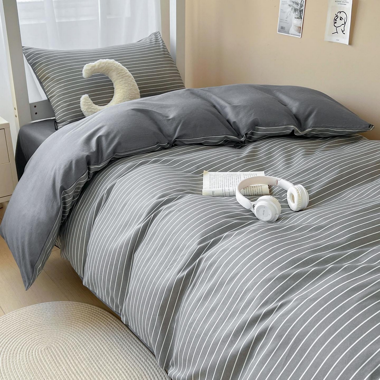 91家纺网 家纺一手货源 找家纺 涵宸2025新款全棉宿舍学生款三件套四件套 英伦-深灰