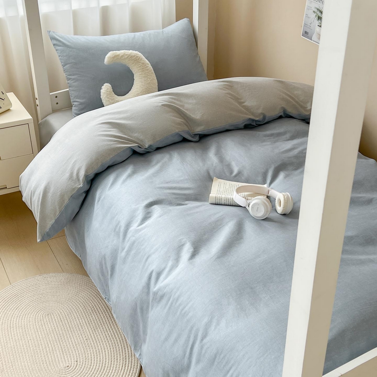 91家纺网 家纺一手货源 找家纺 涵宸2025新款全棉宿舍学生款三件套四件套 云纹-兰浅灰