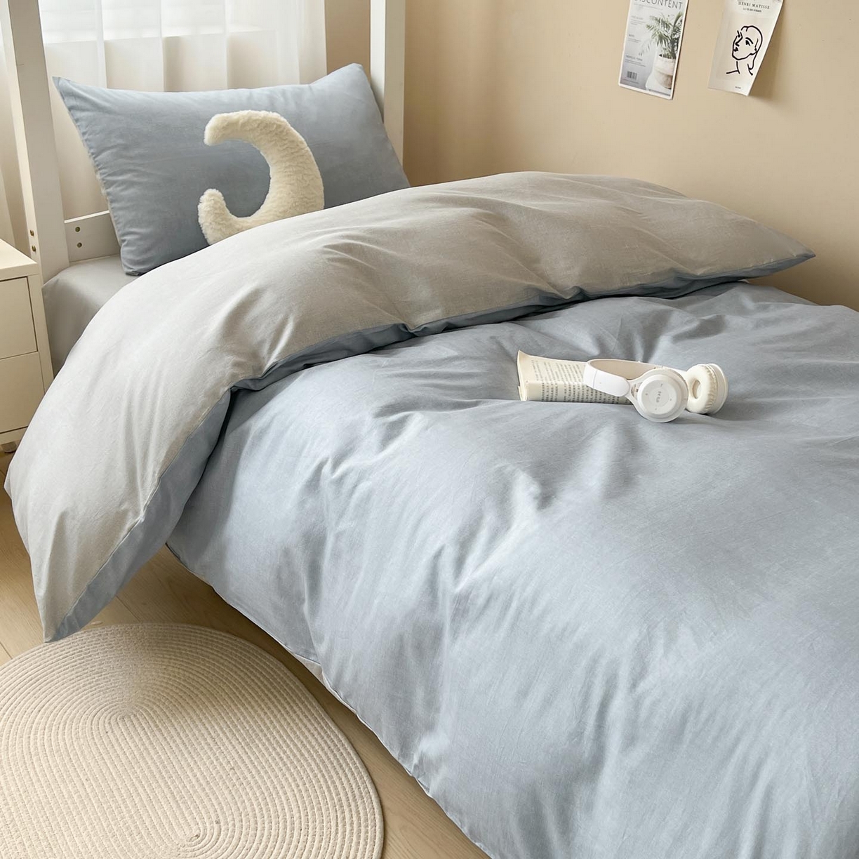 91家纺网 家纺一手货源 找家纺 涵宸2025新款全棉宿舍学生款三件套四件套 云纹-兰浅灰