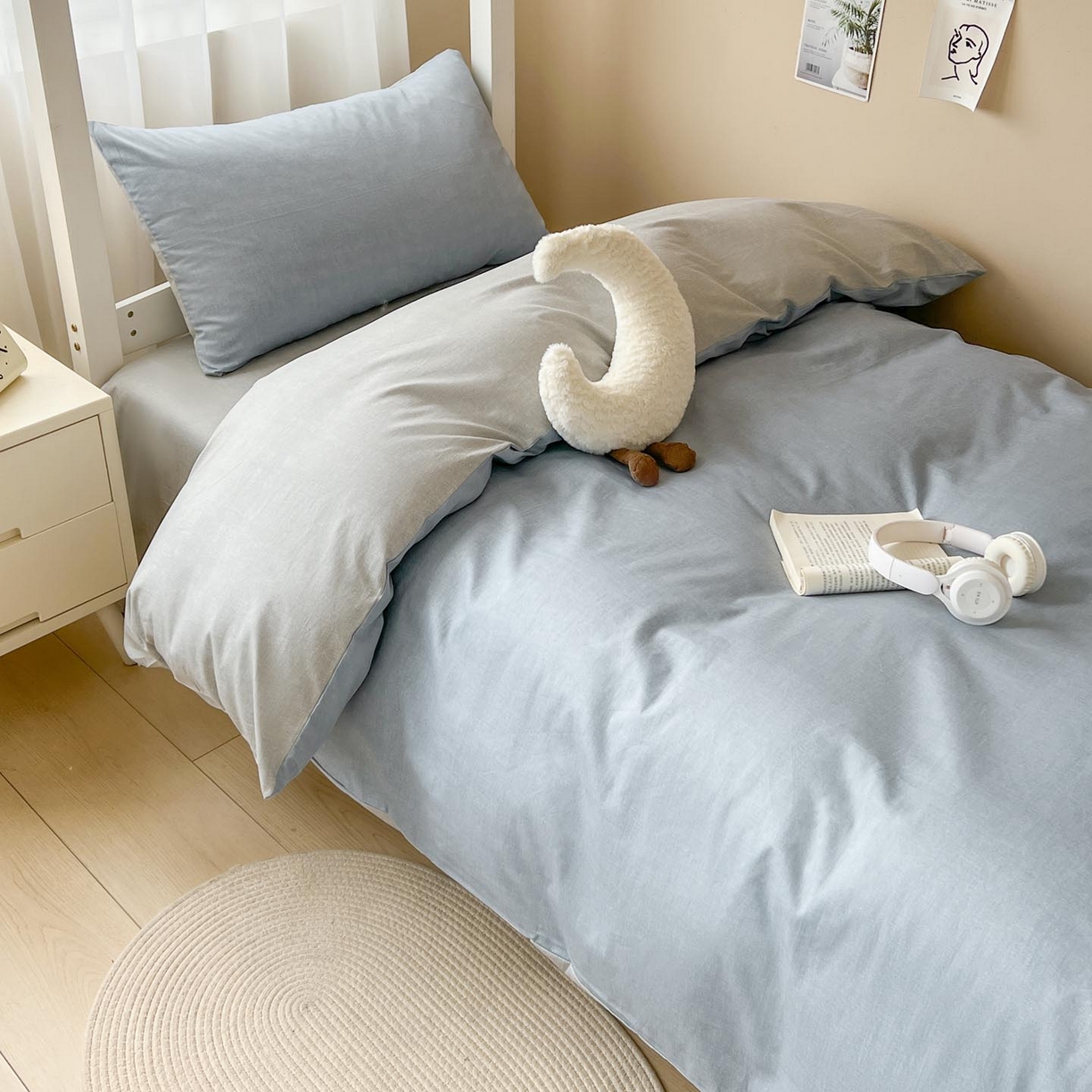 91家纺网 家纺一手货源 找家纺 涵宸2025新款全棉宿舍学生款三件套四件套 云纹-兰浅灰