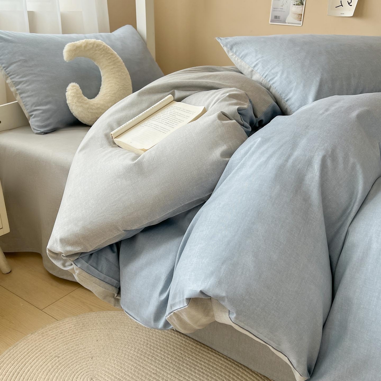 91家纺网 家纺一手货源 找家纺 涵宸2025新款全棉宿舍学生款三件套四件套 云纹-兰浅灰