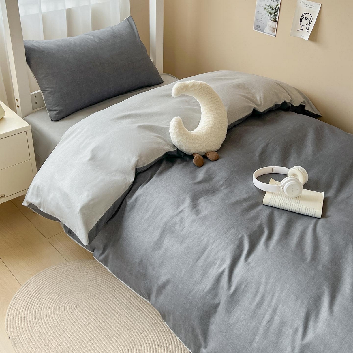 91家纺网 家纺一手货源 找家纺 涵宸2025新款全棉宿舍学生款三件套四件套 云纹-深浅灰