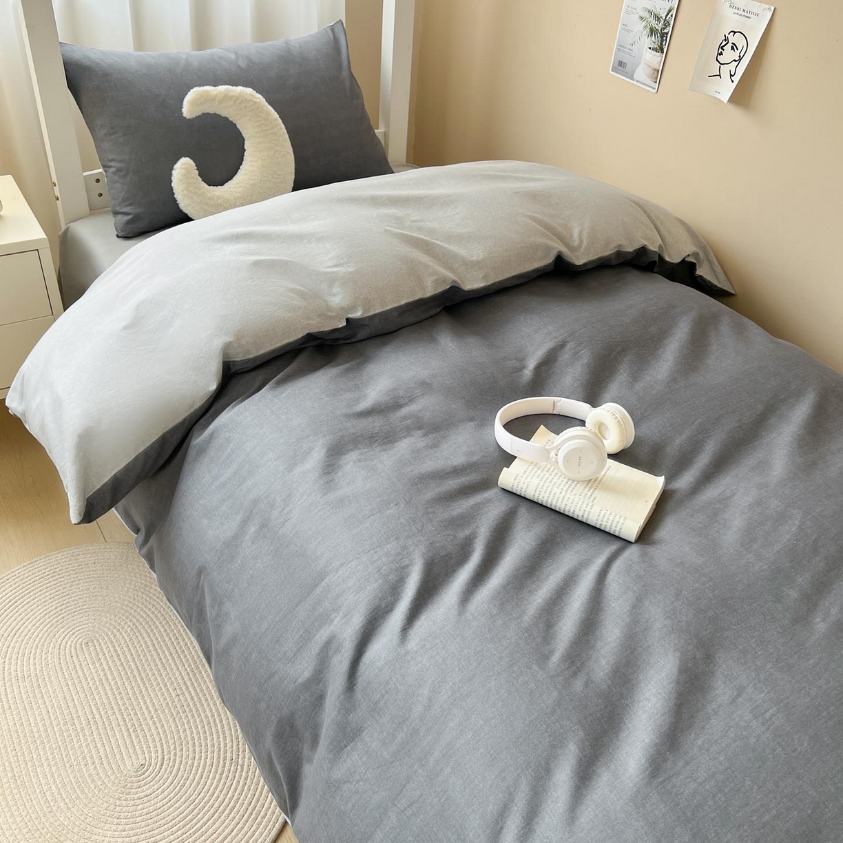 91家纺网 家纺一手货源 找家纺 涵宸2025新款全棉宿舍学生款三件套四件套 云纹-深浅灰