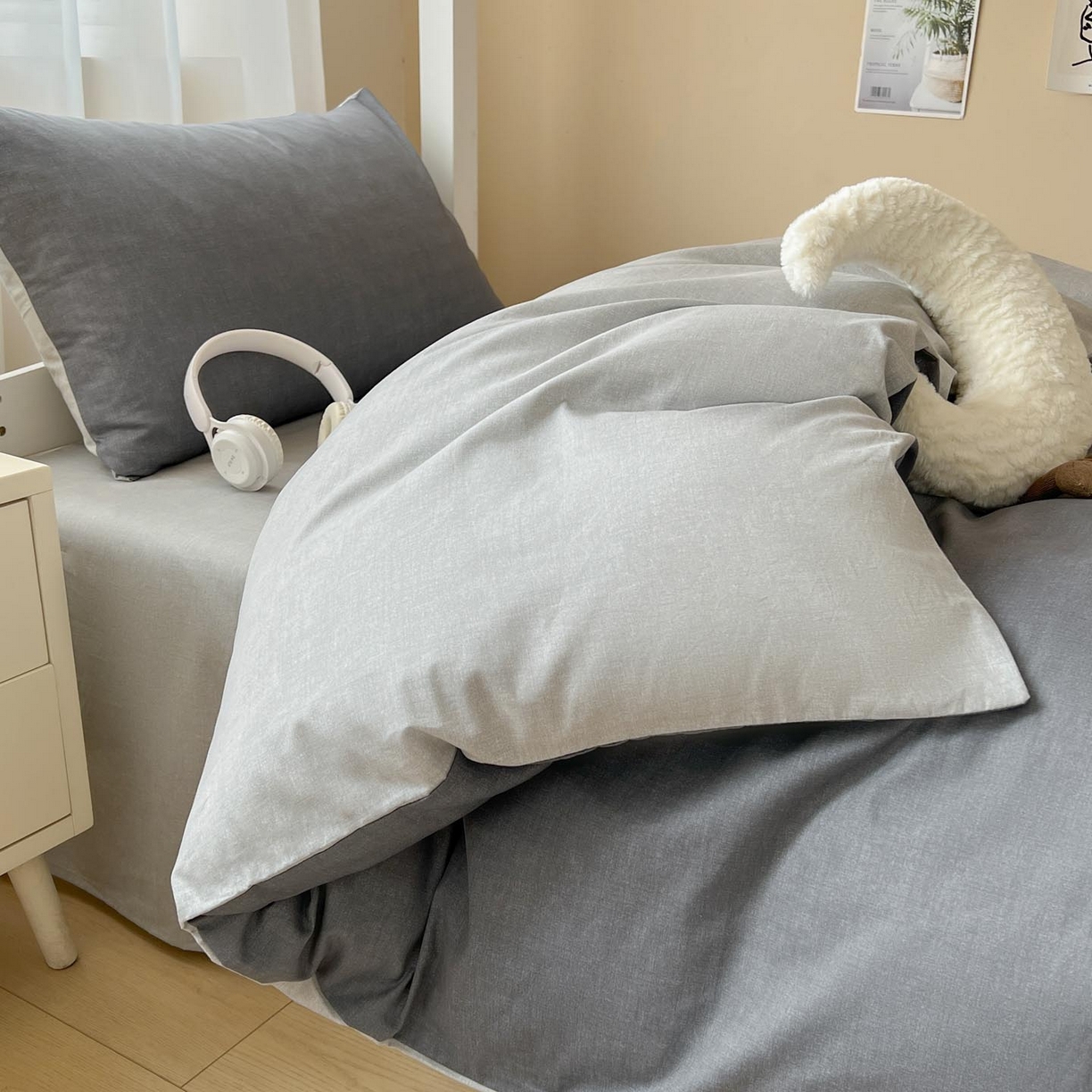 91家纺网 家纺一手货源 找家纺 涵宸2025新款全棉宿舍学生款三件套四件套 云纹-深浅灰