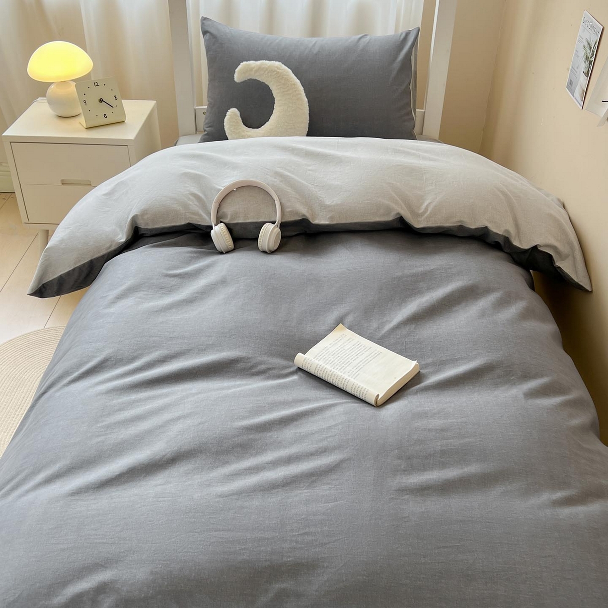 91家纺网 家纺一手货源 找家纺 涵宸2025新款全棉宿舍学生款三件套四件套 云纹-深浅灰