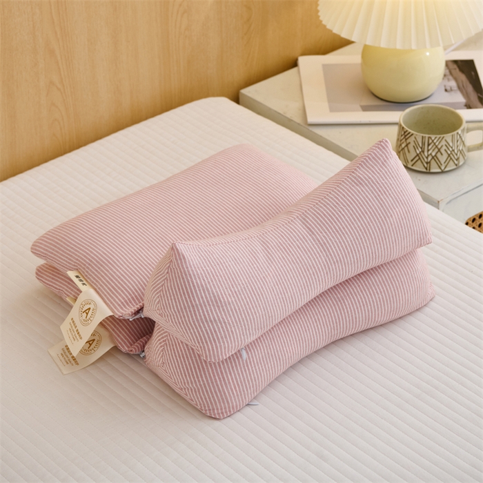 91家纺网 家纺一手货源 找家纺 织布人 2025新款荞麦枕A类纯棉条纹无印风组合牵引颈椎枕头枕芯荞麦护颈枕芯 粉色 三角35x16cm 方枕35x20cm组合枕/只