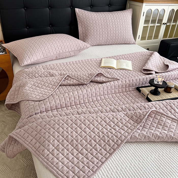 91家纺网 家纺一手货源 找家纺 沐纯家居  2025新款色织棉麻床盖 海棠粉