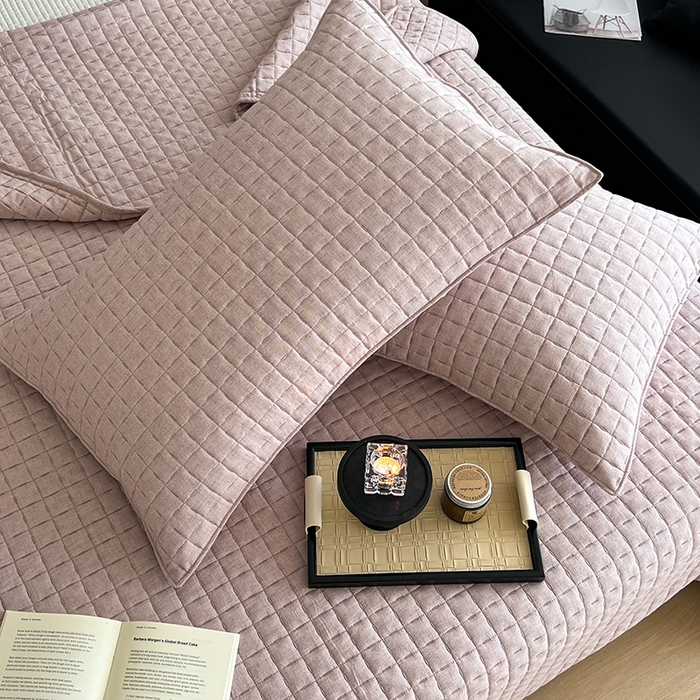 91家纺网 家纺一手货源 找家纺 沐纯家居  2025新款色织棉麻床盖 海棠粉