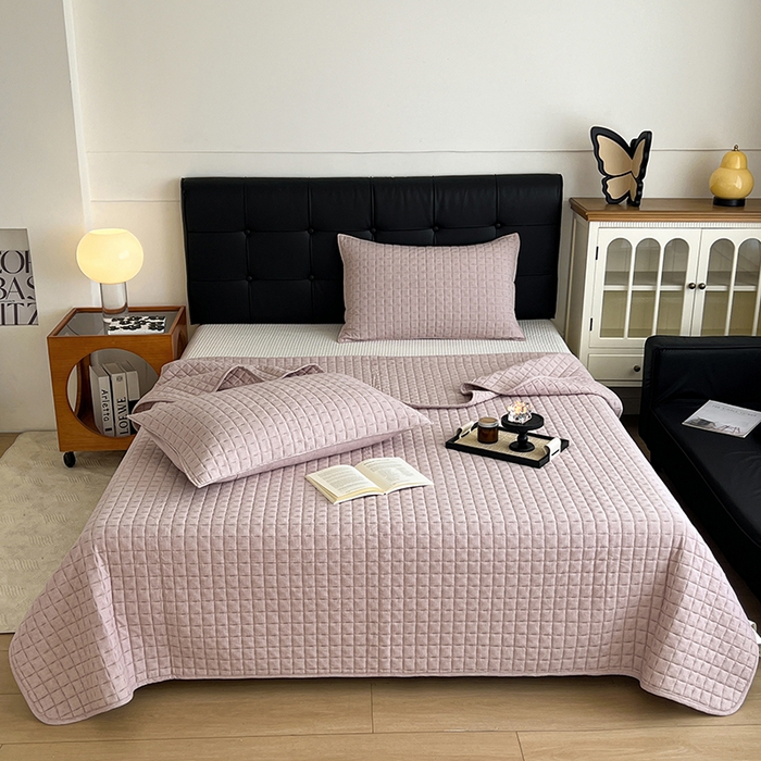 91家纺网 家纺一手货源 找家纺 沐纯家居  2025新款色织棉麻床盖 海棠粉