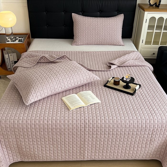 91家纺网 家纺一手货源 找家纺 沐纯家居  2025新款色织棉麻床盖 海棠粉