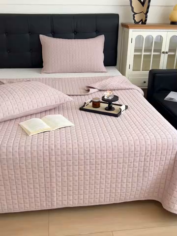 91家纺网 家纺一手货源 找家纺 沐纯家居  2025新款色织棉麻床盖 海棠粉