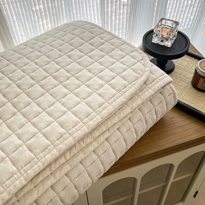 91家纺网 家纺一手货源 找家纺 沐纯家居  2025新款色织棉麻床盖 麻本色