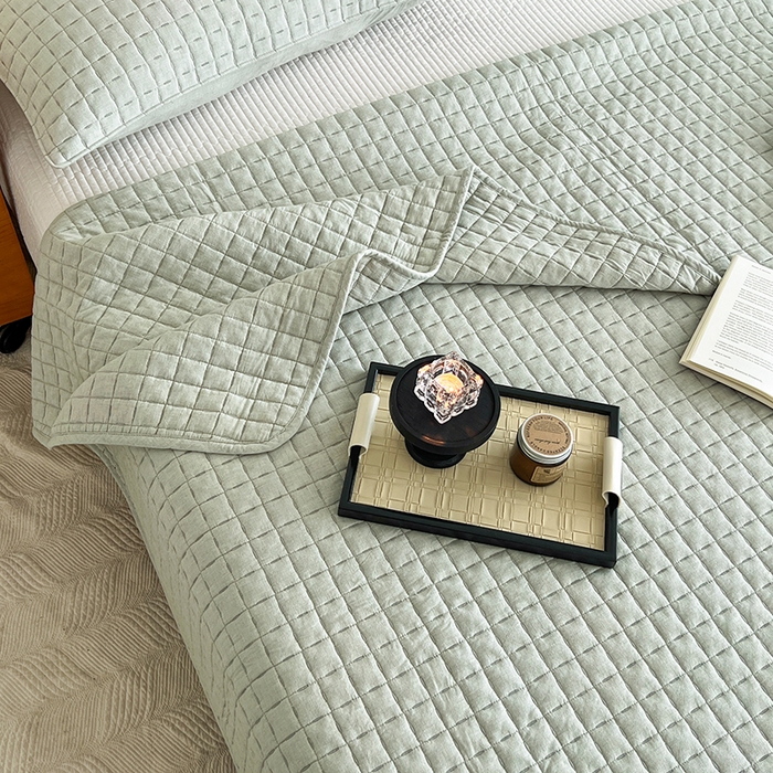 91家纺网 家纺一手货源 找家纺 沐纯家居  2025新款色织棉麻床盖 青梅绿