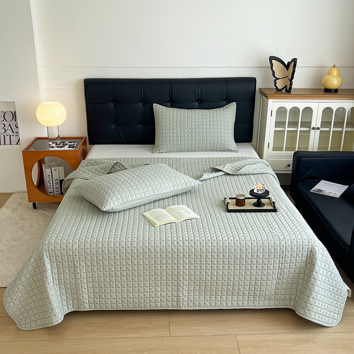 91家纺网 家纺一手货源 找家纺 沐纯家居  2025新款色织棉麻床盖 青梅绿