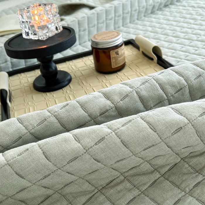 91家纺网 家纺一手货源 找家纺 沐纯家居  2025新款色织棉麻床盖 青梅绿