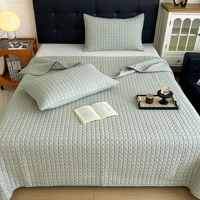 91家纺网 家纺一手货源 找家纺 沐纯家居  2025新款色织棉麻床盖 青梅绿