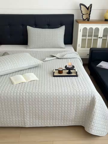 91家纺网 家纺一手货源 找家纺 沐纯家居  2025新款色织棉麻床盖 青梅绿