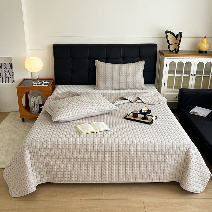 91家纺网 家纺一手货源 找家纺 沐纯家居  2025新款色织棉麻床盖 杏仁咖