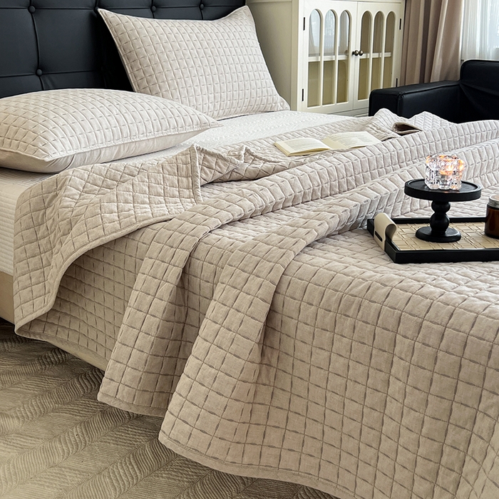 91家纺网 家纺一手货源 找家纺 沐纯家居  2025新款色织棉麻床盖 杏仁咖