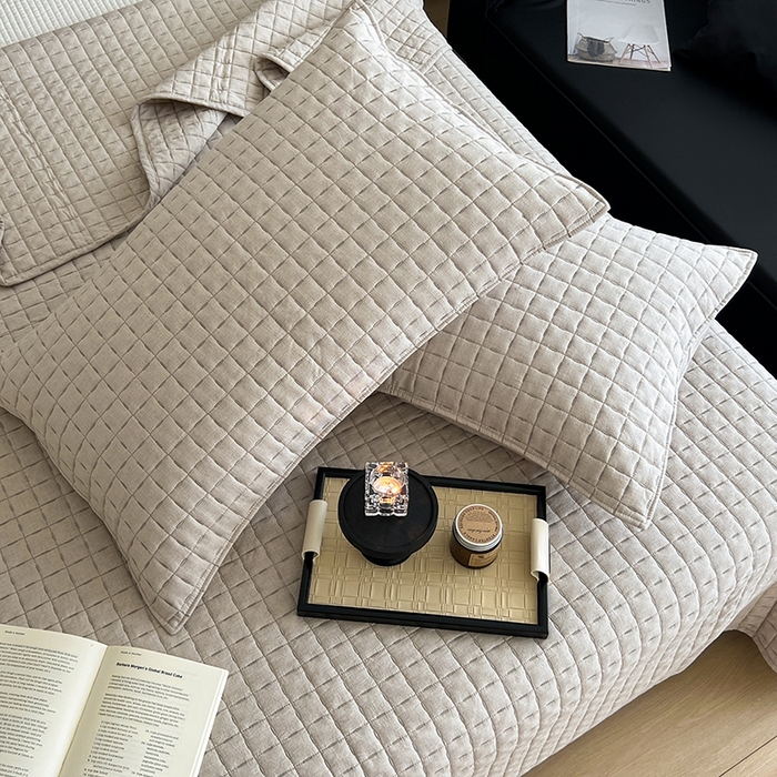 91家纺网 家纺一手货源 找家纺 沐纯家居  2025新款色织棉麻床盖 杏仁咖