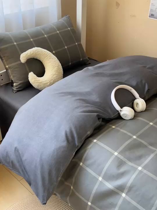 91家纺网 家纺一手货源 找家纺 涵宸2025新款全棉宿舍学生款三件套四件套 麦田-灰