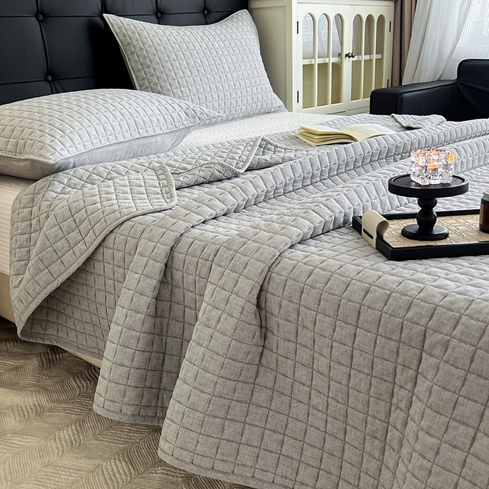 91家纺网 家纺一手货源 找家纺 沐纯家居  2025新款色织棉麻床盖 烟墨灰