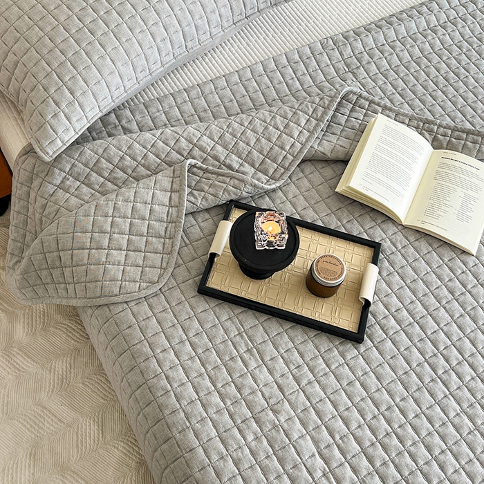 91家纺网 家纺一手货源 找家纺 沐纯家居  2025新款色织棉麻床盖 烟墨灰