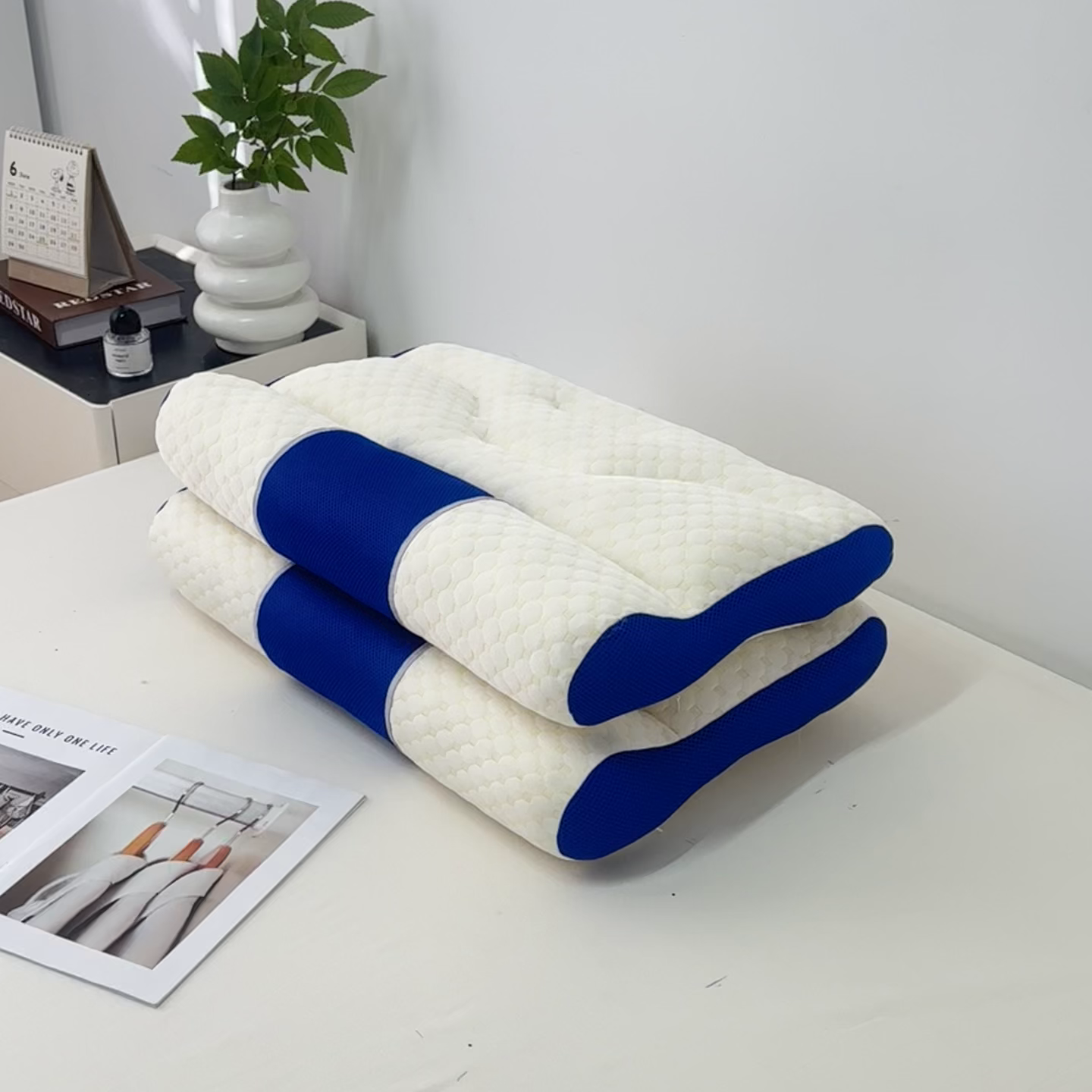 91家纺网 家纺一手货源 找家纺 织布人 2025新款枕芯针织圆柱按摩SPA颈椎养护牵引枕头枕芯家用防落枕枕芯 蓝色 40x65cm 低枕/只