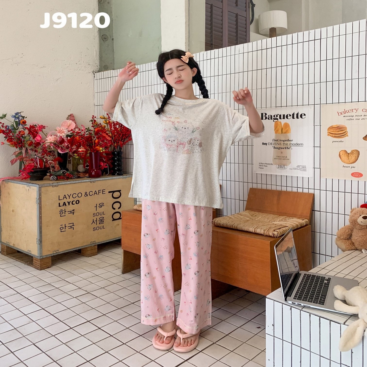 （总）妍景家居生活馆 2025新款高品质全棉纯棉女士短袖长裤卡通家居服舒适睡衣套装可外穿-绿野仙踪粉