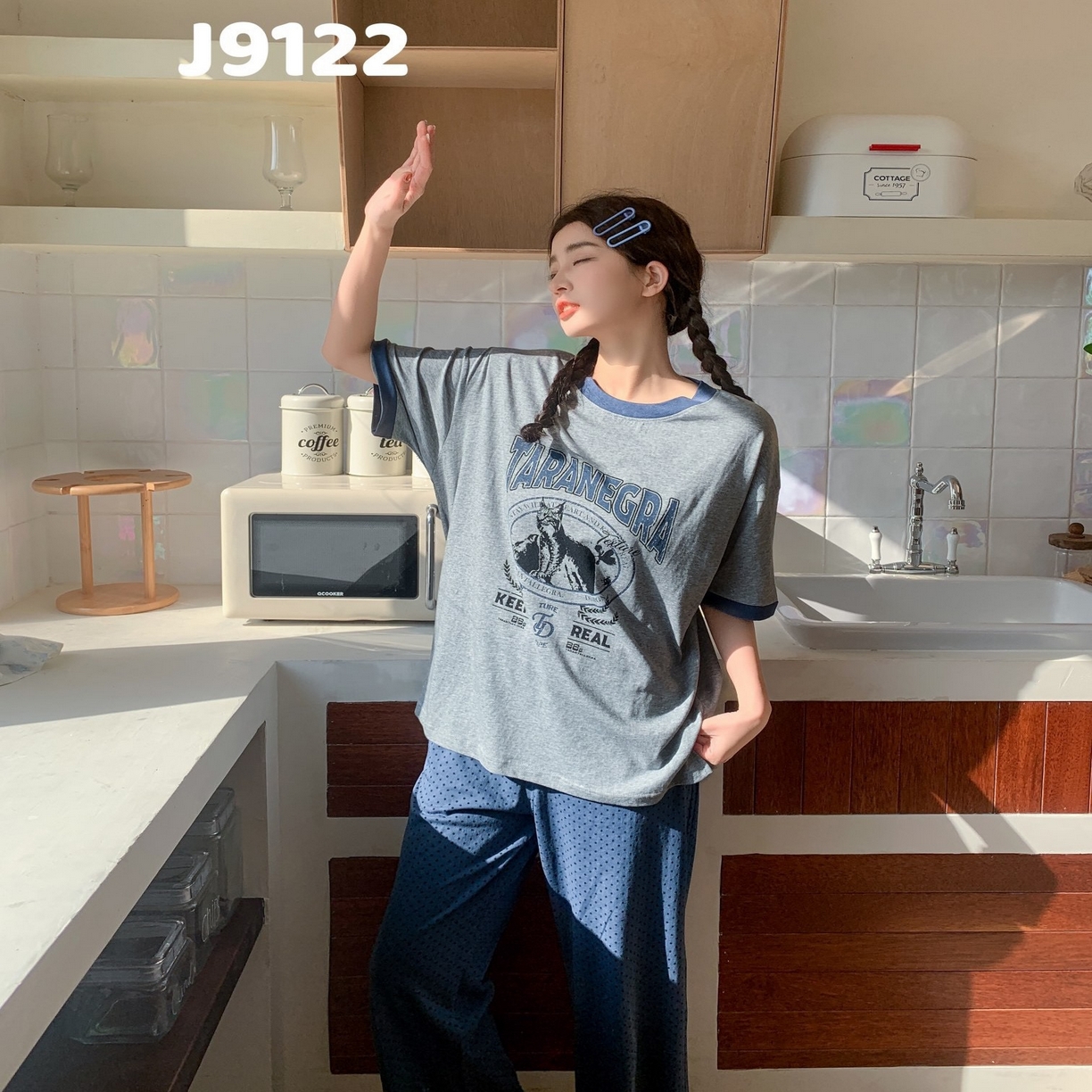 91家纺网 家纺一手货源 找家纺 （总）妍景家居生活馆 2025新款全棉纯棉圆领夏款宽松舒适短袖睡衣套装可外穿卡通家居服套装-佩里游记蓝