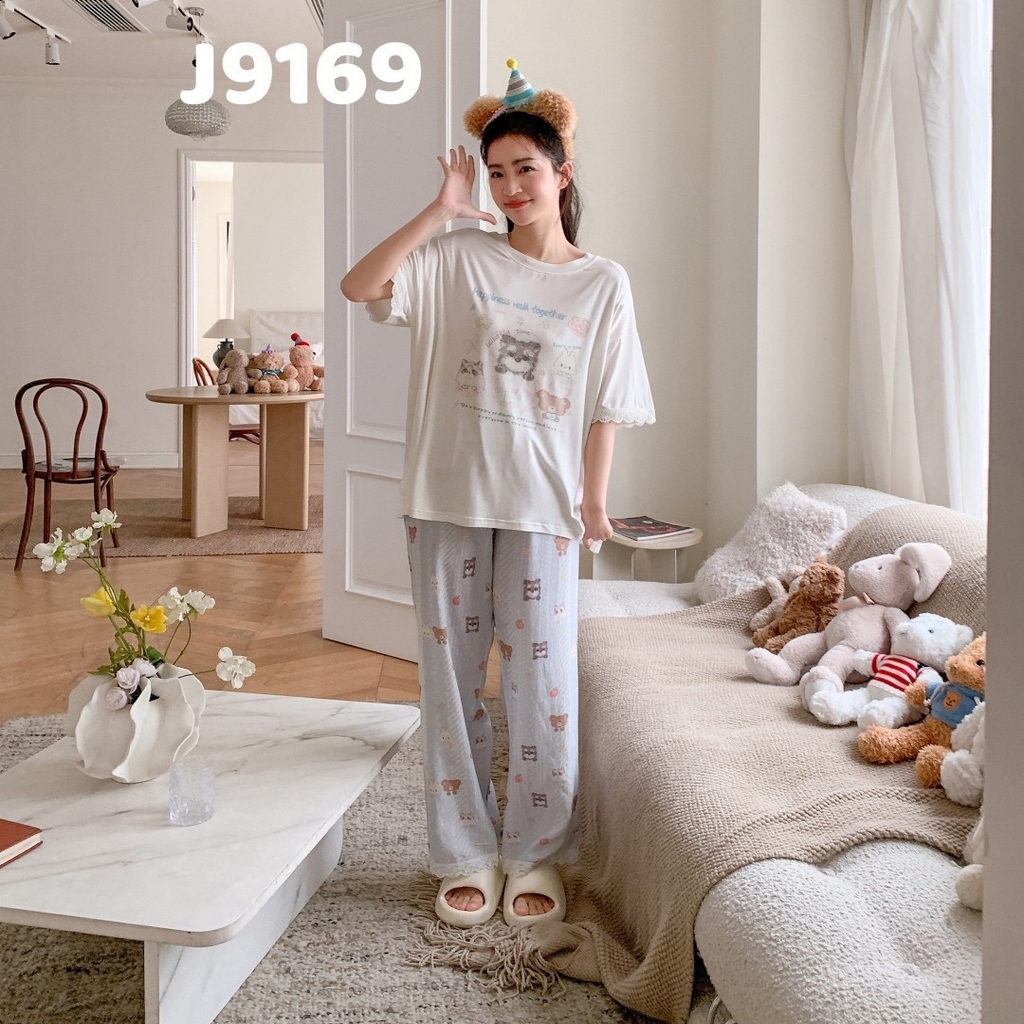 （总）妍景家居生活馆 2025新款女士短袖长裤睡衣卡通印花宽松休闲可外穿家居服套装-夏目轻歌蓝色