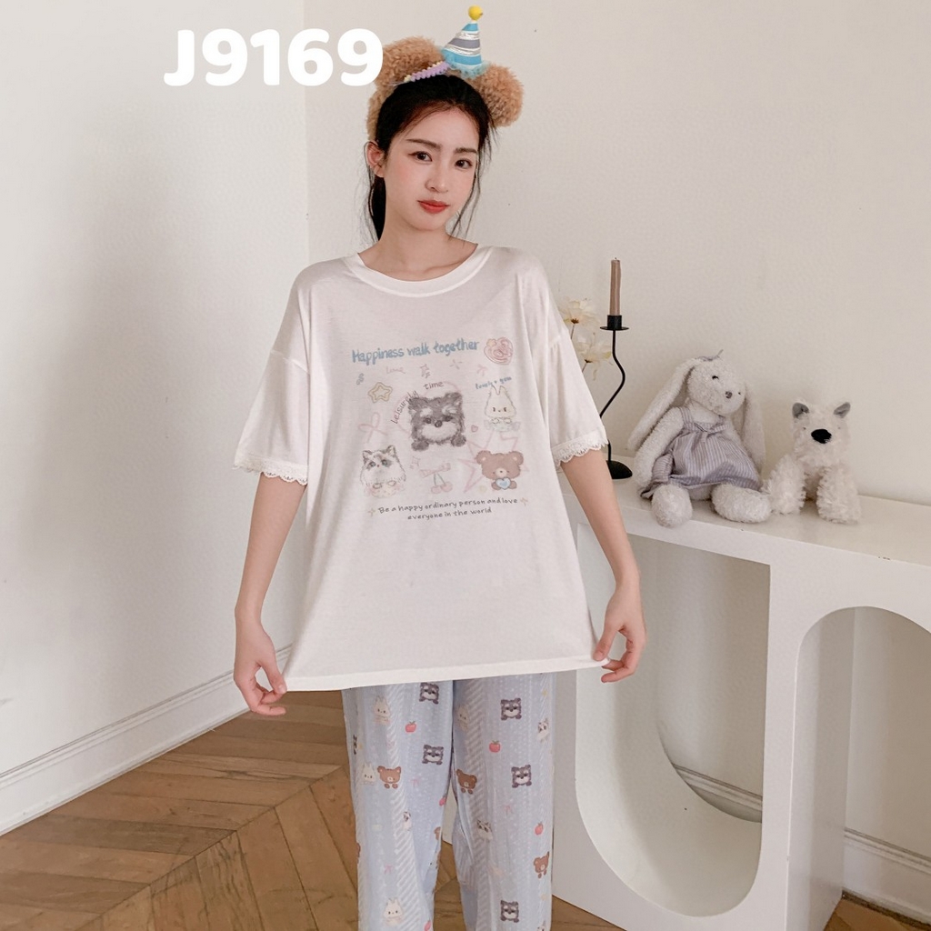 91家纺网 家纺一手货源 找家纺 （总）妍景家居生活馆 2025新款女士短袖长裤睡衣卡通印花宽松休闲可外穿家居服套装-夏目轻歌蓝色