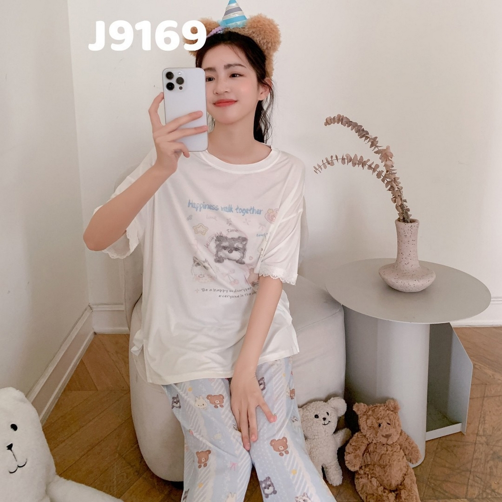 91家纺网 家纺一手货源 找家纺 （总）妍景家居生活馆 2025新款女士短袖长裤睡衣卡通印花宽松休闲可外穿家居服套装-夏目轻歌蓝色