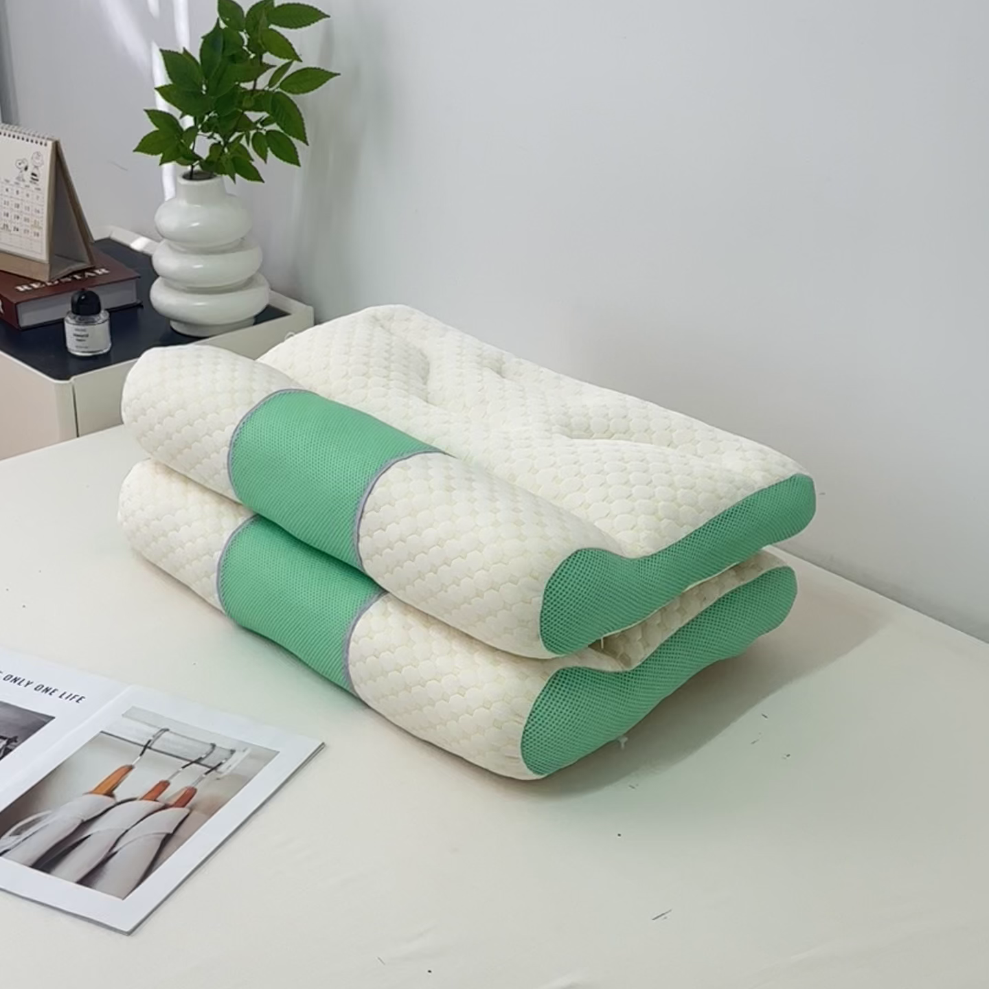 91家纺网 家纺一手货源 找家纺 织布人 2025新款枕芯针织圆柱按摩SPA颈椎养护牵引枕头枕芯家用防落枕枕芯 绿色 40x65cm 中枕/只