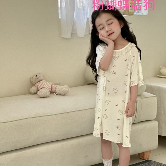 91家纺网 家纺一手货源 找家纺 妍景家居生活馆 2025春夏新款儿童优可丝女童睡裙 粉蝴蝶结狗