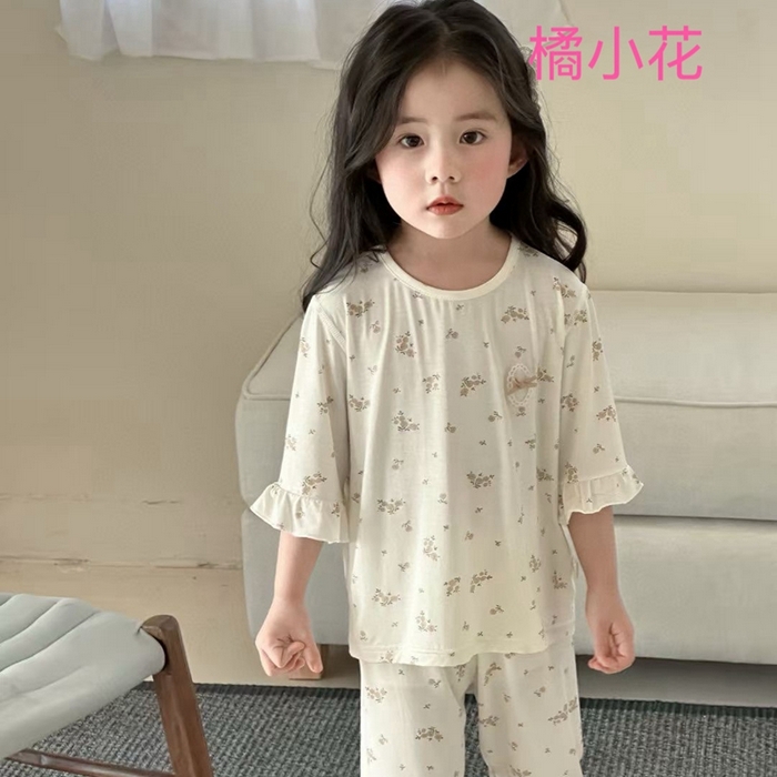 妍景家居生活馆 2025春夏新款儿童优可丝女童套装 橘小花