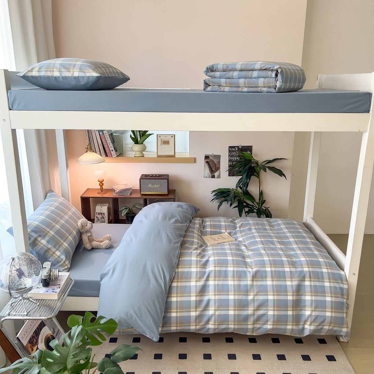 91家纺网 家纺一手货源 找家纺 宝士康家纺 2025春夏新款简约水洗棉学生三件套宿舍三件套上下铺三件套套件学生六件套套件（床单款） 天蓝中格