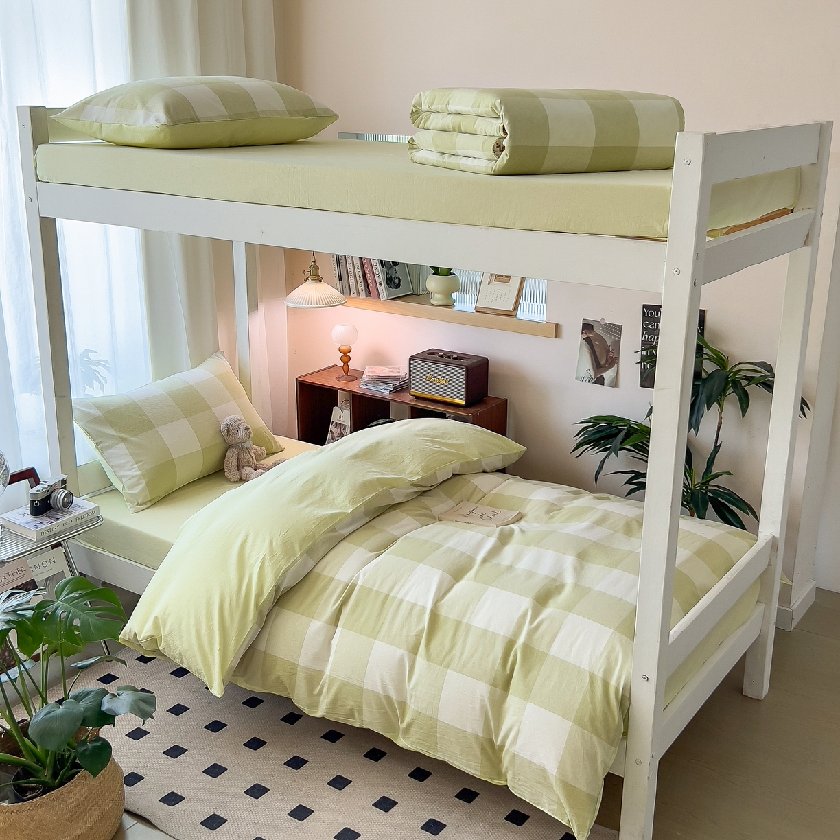 91家纺网 家纺一手货源 找家纺 宝士康家纺 2025春夏新款简约水洗棉学生三件套宿舍三件套上下铺三件套套件学生六件套套件（床单款） 清雅中格