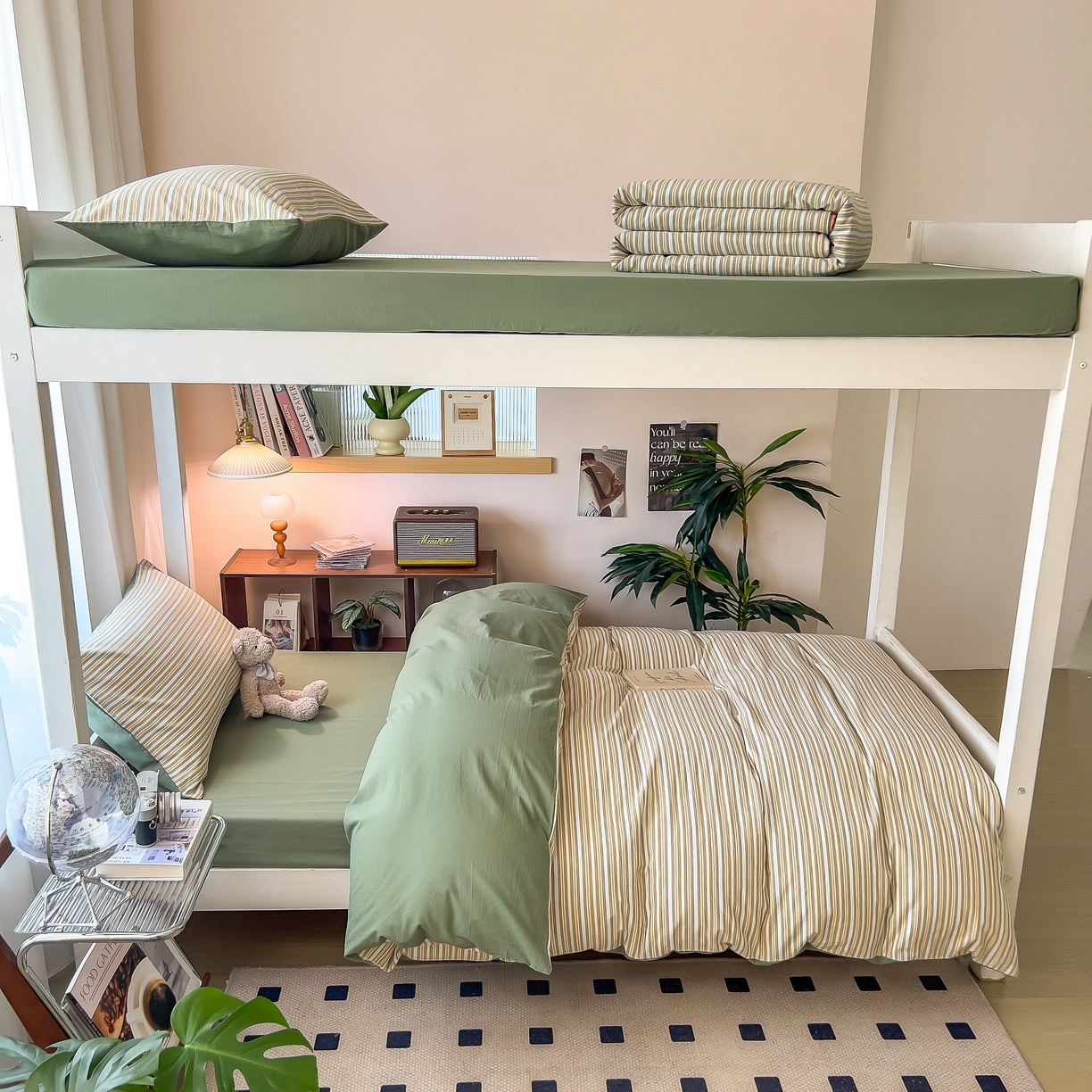 91家纺网 家纺一手货源 找家纺 宝士康家纺 2025春夏新款简约水洗棉学生三件套宿舍三件套上下铺三件套套件学生六件套套件（床单款） 小绿条