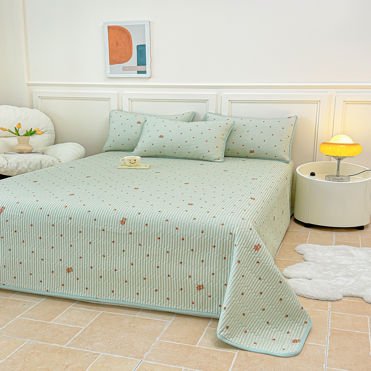 91家纺网 家纺一手货源 找家纺 橘夏家纺 2025新款莱赛尔天丝轻奢风多功能枕套单品枕套枕套单件 草莓小熊-绿